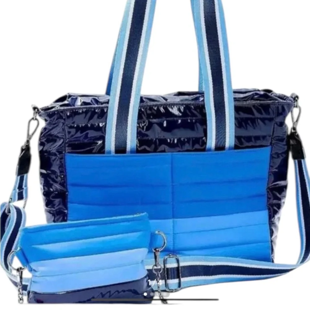 THINK ROYLN Blue Quilted Tote with Striped Strap and Matching Pouch